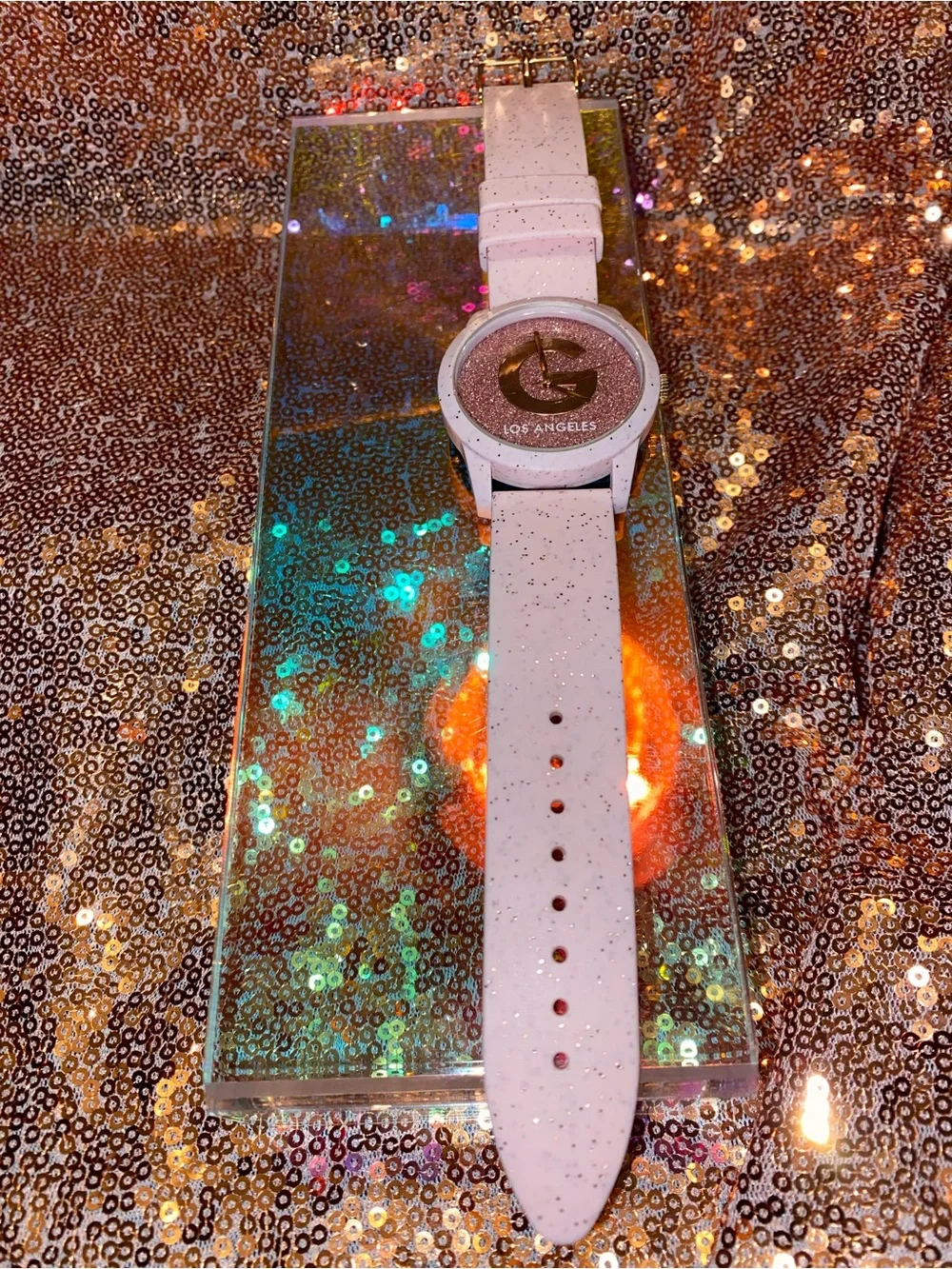 Guess G Los Angeles Pink Glitter Logo Watch-Blush Speckled Strap-Y2K Glam
